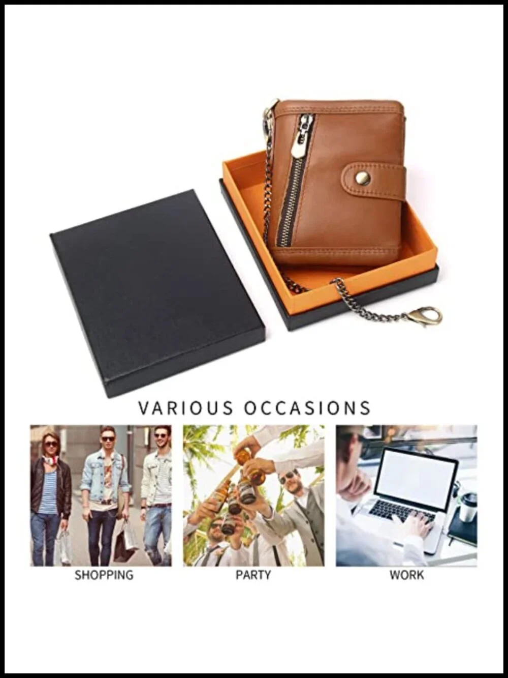 Genuine Leather RFID Bifold Wallet with Anti-Theft Chain, Multifunctional Card
